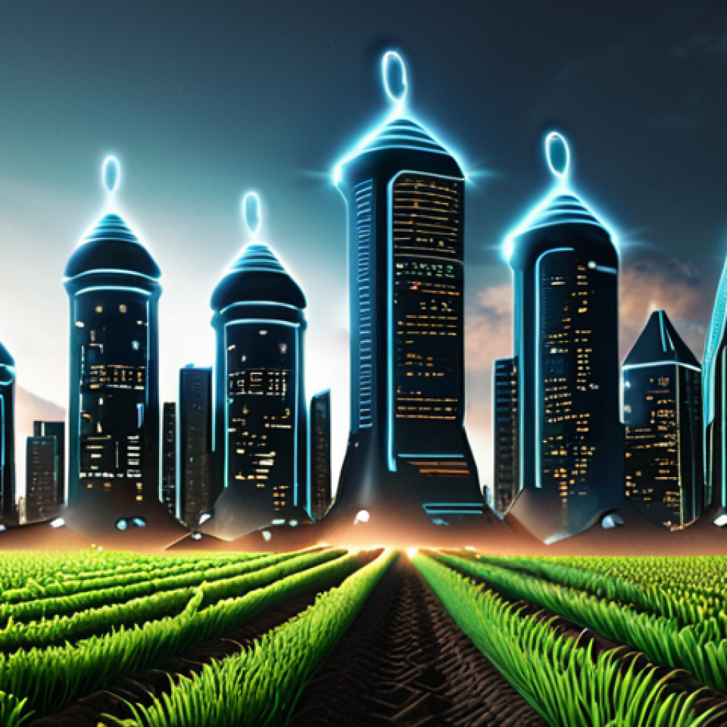 **Digital assets growing:** A futuristic cityscape with glowing coins rising from a fertile field, representing the growth of digital assets through staking.