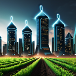 **Digital assets growing:** A futuristic cityscape with glowing coins rising from a fertile field, representing the growth of digital assets through staking.