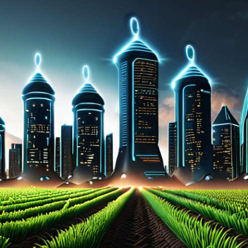 Home 19 **Digital assets growing:** A futuristic cityscape with glowing coins rising from a fertile field, representing the growth of digital assets through staking.