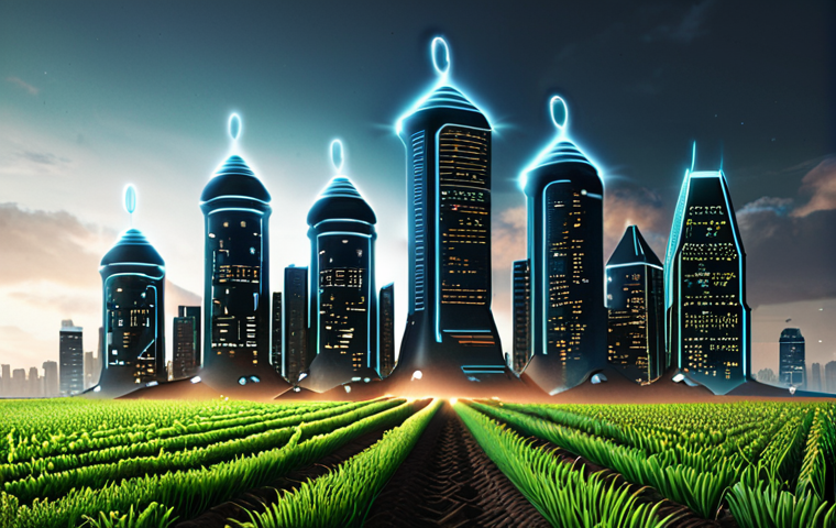 **Digital assets growing:** A futuristic cityscape with glowing coins rising from a fertile field, representing the growth of digital assets through staking.