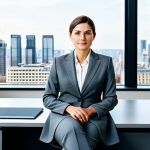 **

A professional businesswoman in a modest, tailored grey business suit, sitting confidently at a large executive desk in a bright, modern office with floor-to-ceiling windows overlooking a city skyline, fully clothed, appropriate attire, safe for work, perfect anatomy, natural proportions, professional photography, high quality.

**