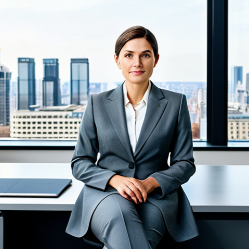 Home 17 **
A professional businesswoman in a modest, tailored grey business suit, sitting confidently at a large executive desk in a bright, modern office with floor-to-ceiling windows overlooking a city skyline, fully clothed, appropriate attire, safe for work, perfect anatomy, natural proportions, professional photography, high quality.
**