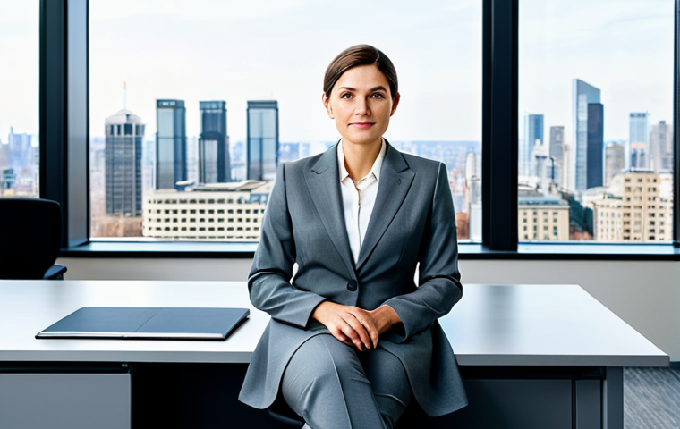 **
A professional businesswoman in a modest, tailored grey business suit, sitting confidently at a large executive desk in a bright, modern office with floor-to-ceiling windows overlooking a city skyline, fully clothed, appropriate attire, safe for work, perfect anatomy, natural proportions, professional photography, high quality.
**