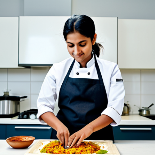 Home 8 **
"A professional female chef in a modern, clean kitchen, fully clothed in a modest chef's uniform, preparing a delicious Indian dish. Bright, natural lighting, showcasing fresh ingredients and culinary expertise. Perfect anatomy, correct proportions, natural pose, well-formed hands, proper finger count. Safe for work, appropriate content, fully clothed, professional, family-friendly."
**