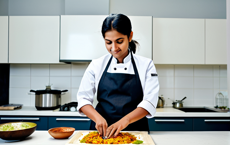 **
"A professional female chef in a modern, clean kitchen, fully clothed in a modest chef's uniform, preparing a delicious Indian dish. Bright, natural lighting, showcasing fresh ingredients and culinary expertise. Perfect anatomy, correct proportions, natural pose, well-formed hands, proper finger count. Safe for work, appropriate content, fully clothed, professional, family-friendly."
**