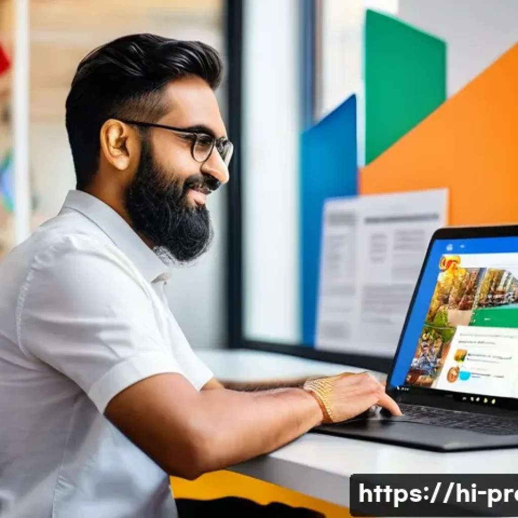 로컬 SEO 활용 수익 창출 - A professional Indian small business owner managing a vibrant Google My Business profile on a laptop...