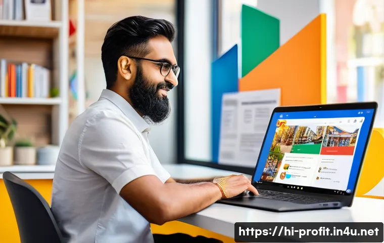 로컬 SEO 활용 수익 창출 - A professional Indian small business owner managing a vibrant Google My Business profile on a laptop...