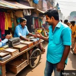 Home 21 중고거래 플랫폼 수익화 - A vibrant scene of a local Indian marketplace setting where a seller is interacting directly with a ...