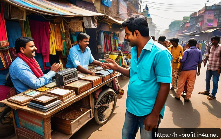 중고거래 플랫폼 수익화 - A vibrant scene of a local Indian marketplace setting where a seller is interacting directly with a ...