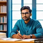 Home 20 수익형 뉴스레터 운영법 - A professional home office setup with a South Asian man in his early 30s, wearing smart casual cloth...