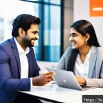 Home 18 기업 협찬 수익 구조 - A professional Indian man and woman in business casual attire networking at a modern co-working spac...