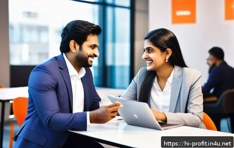 기업 협찬 수익 구조 - A professional Indian man and woman in business casual attire networking at a modern co-working spac...