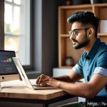 Home 23 무재고 쇼핑몰 운영 - A modern, clean workspace scene showing a young Indian entrepreneur managing a dropshipping business...