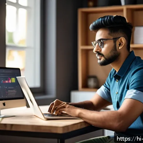Home 17 무재고 쇼핑몰 운영 - A modern, clean workspace scene showing a young Indian entrepreneur managing a dropshipping business...