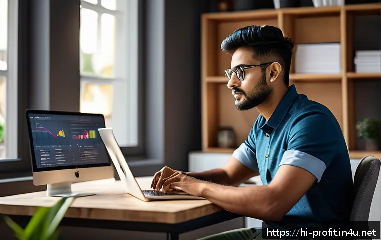 무재고 쇼핑몰 운영 - A modern, clean workspace scene showing a young Indian entrepreneur managing a dropshipping business...