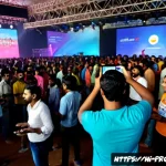 라이브 이벤트 수익화 - Photorealistic live music event in Mumbai, wide cinematic view of a brightly lit concert stage and a...